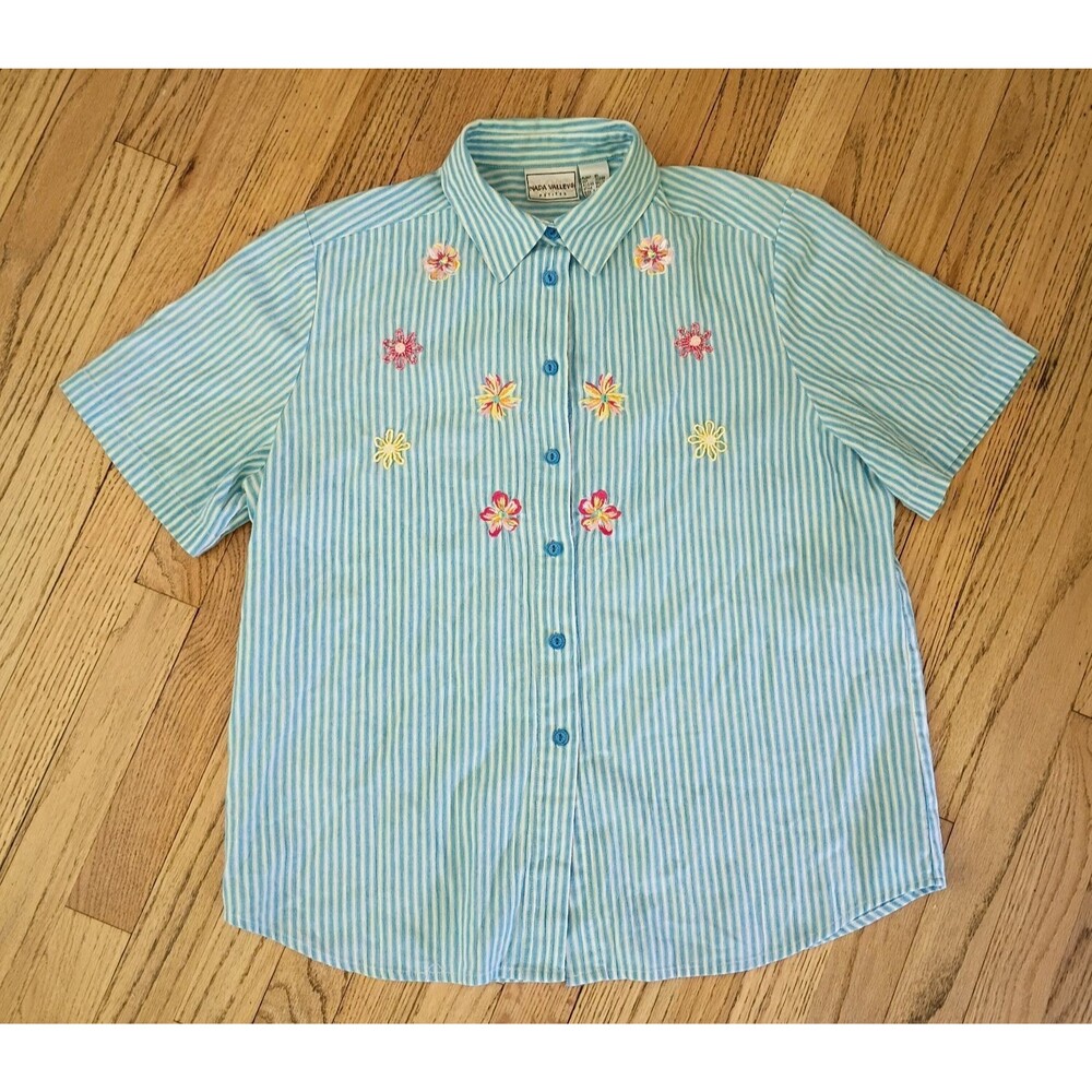 Napa Valley Women's Large Blue Pinstripe Short Sleeve Floral Embroidered Top